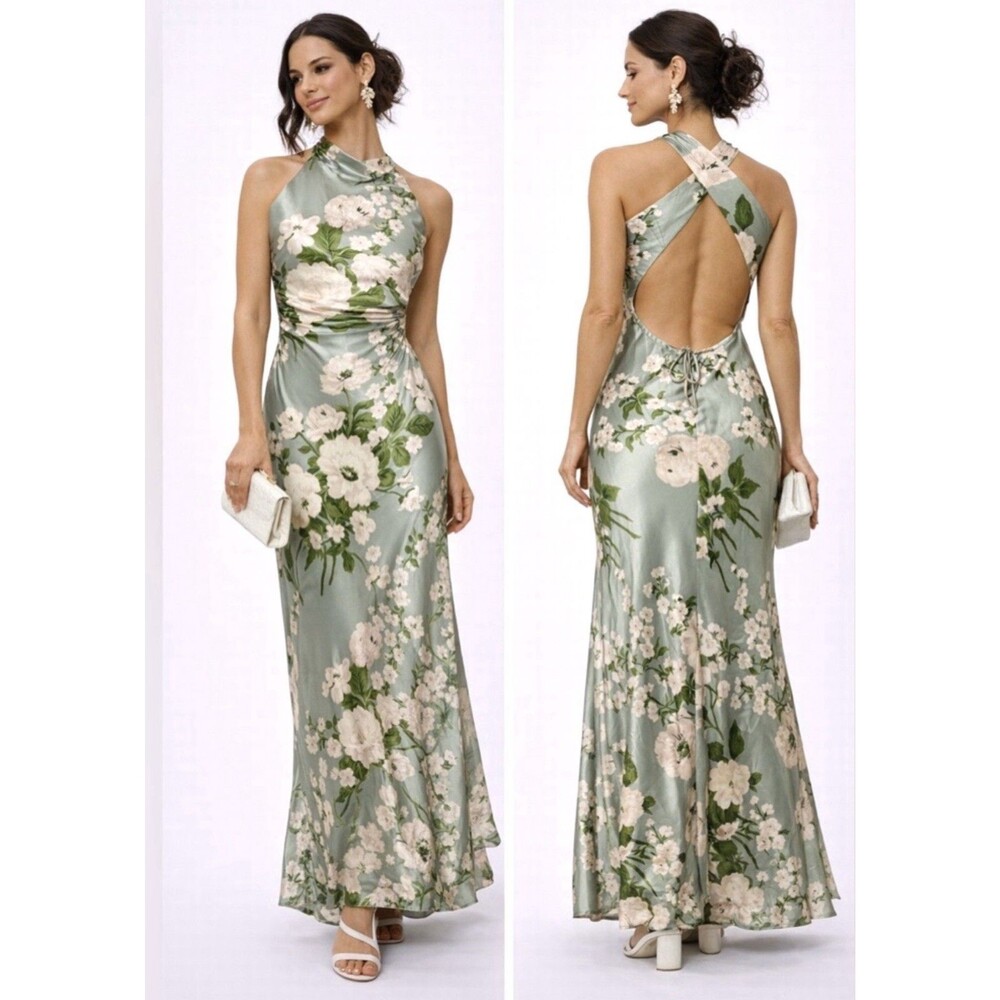 Reformation Anaiis Silk Dress Tarragon Floral Green Open Back High Neck Size 6